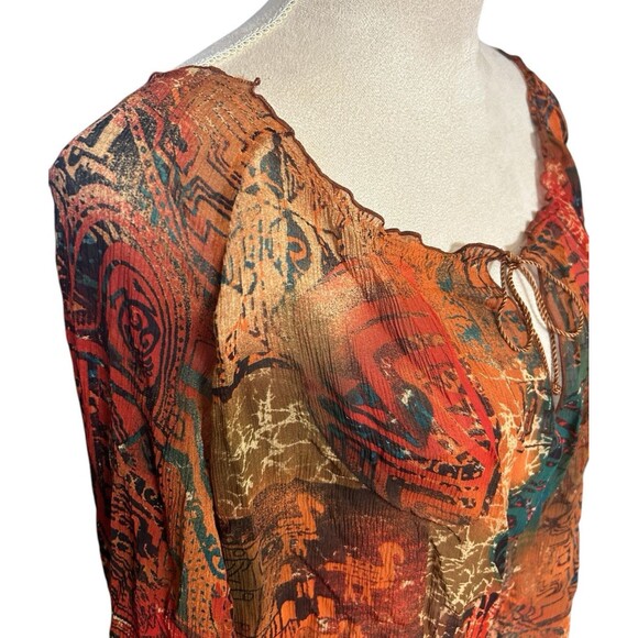 Chico's 100% Silk Sheer Paisley  Boho Brown Tie Neck Dolman Long Sleeves Top 3 - Picture 3 of 8